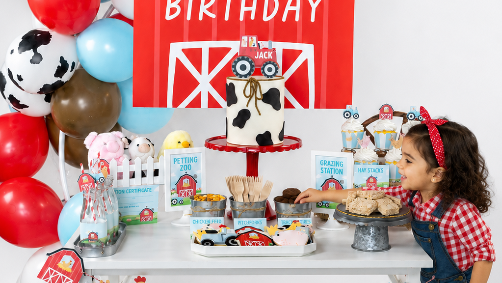 Hand-drawn farm birthday party decorations, one of four unique fall birthday party themes