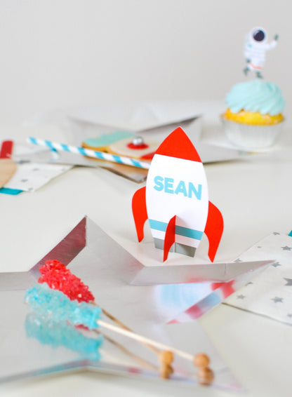 Personalized 3D Rocket Ship Tent Cards, set of 4