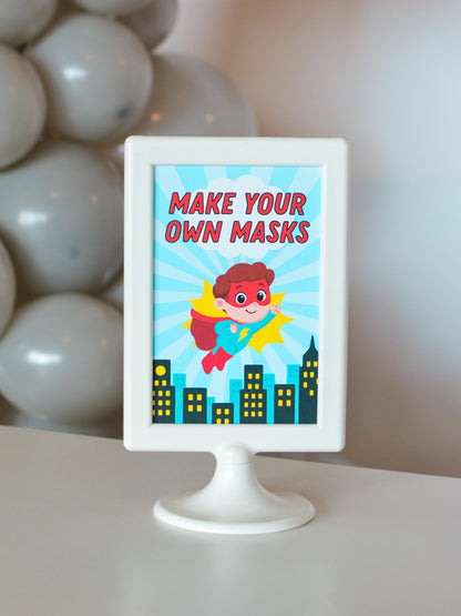 Make Your Own Mask Station Sign for a superhero birthday party