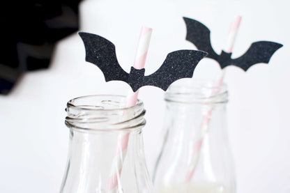 3D Glitter Bat Straws, set of 5 for a Halloween birthday party, view 3