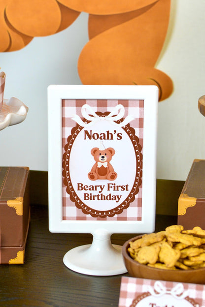 Personalized Beary First Birthday Sign for a teddy bear birthday party, view 2