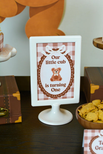 Our Little Cub is Turning One Sign for a teddy bear birthday party, view 2