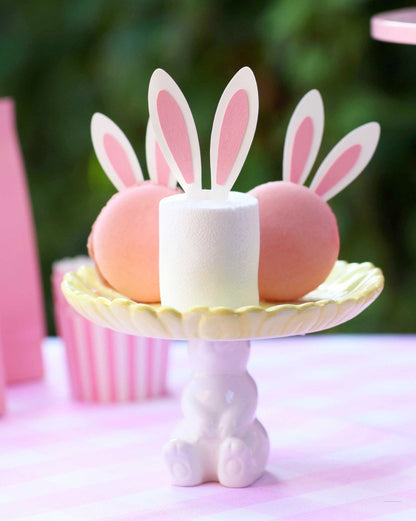 Easter Cupcake Toppers - bunny ears on ceramic stand with macarons