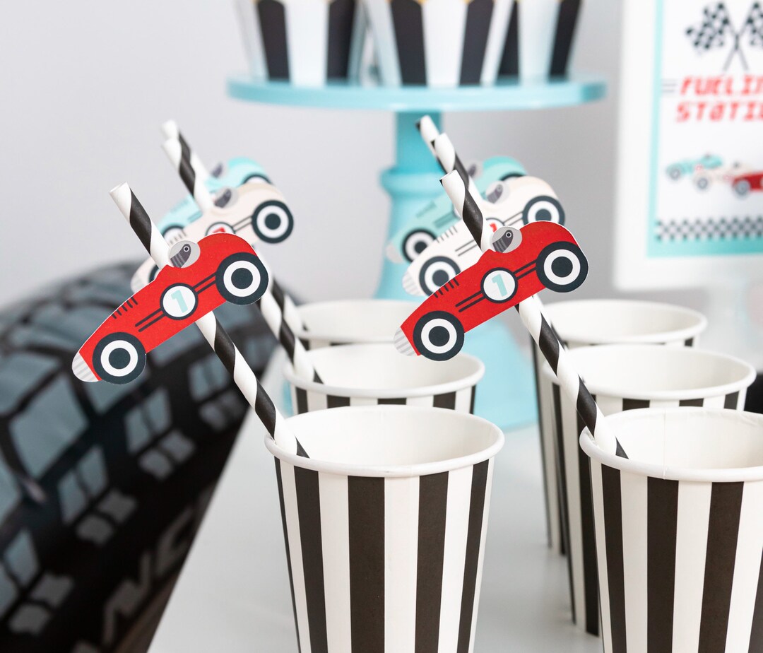 Vintage Race Car Paper Straws - blue car detail