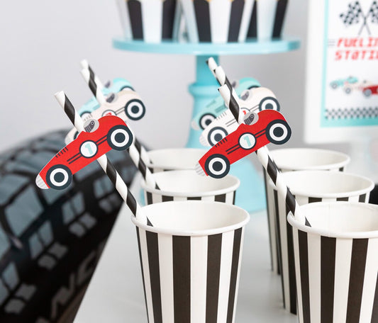 Vintage Race Car Paper Straws - blue car detail