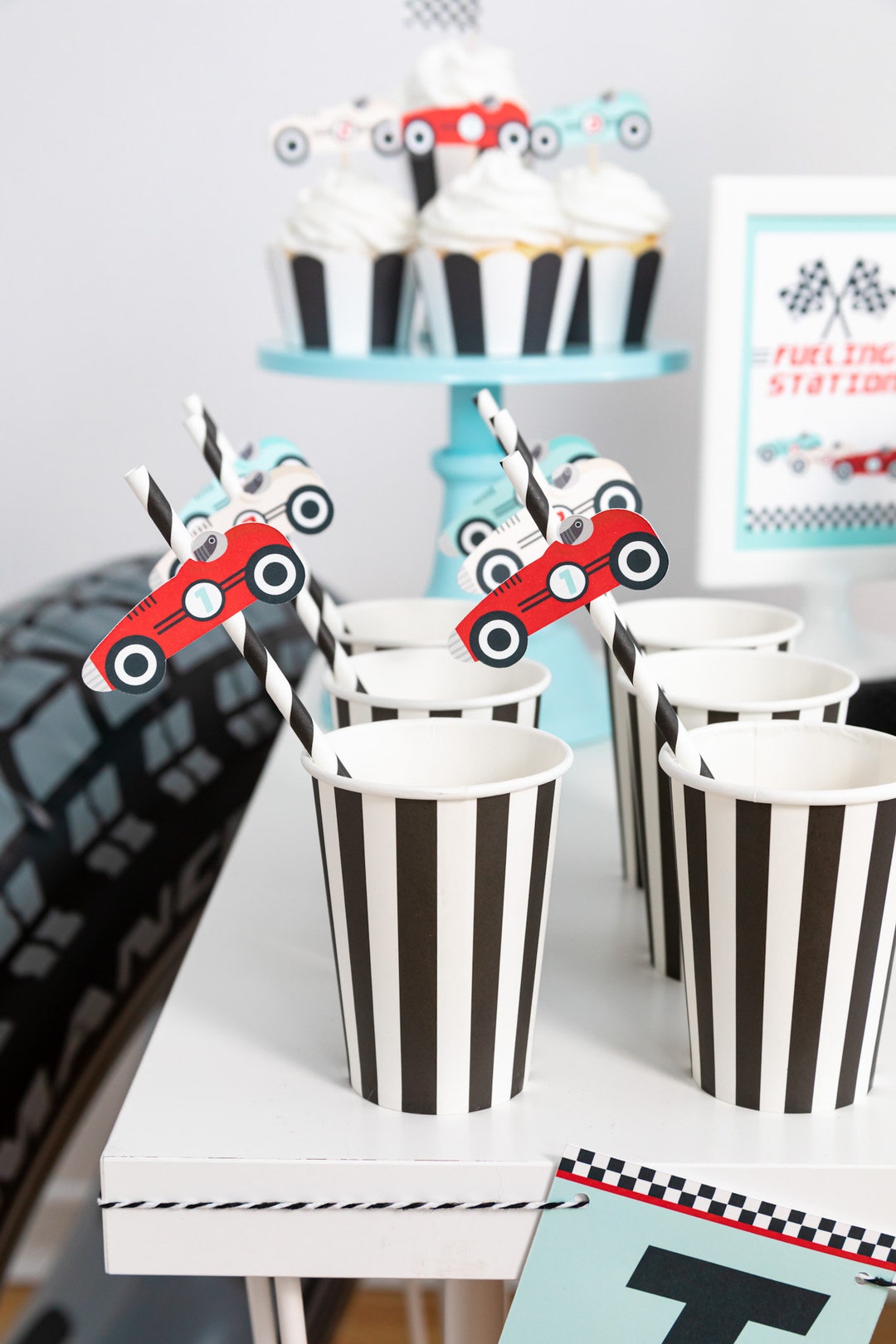 Vintage Race Car Paper Straws - party table with banner