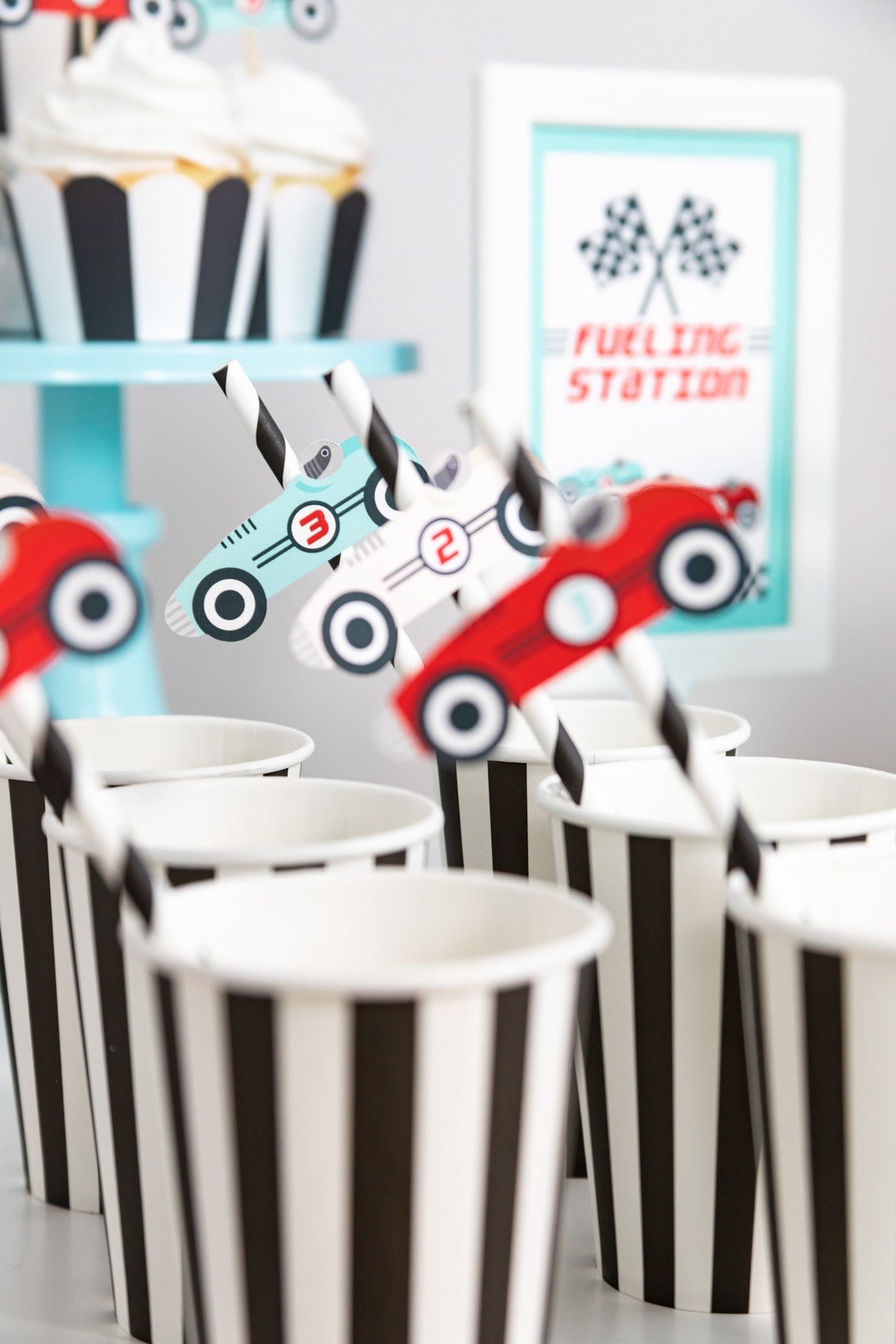 Vintage Race Car Paper Straws - Fueling Station sign