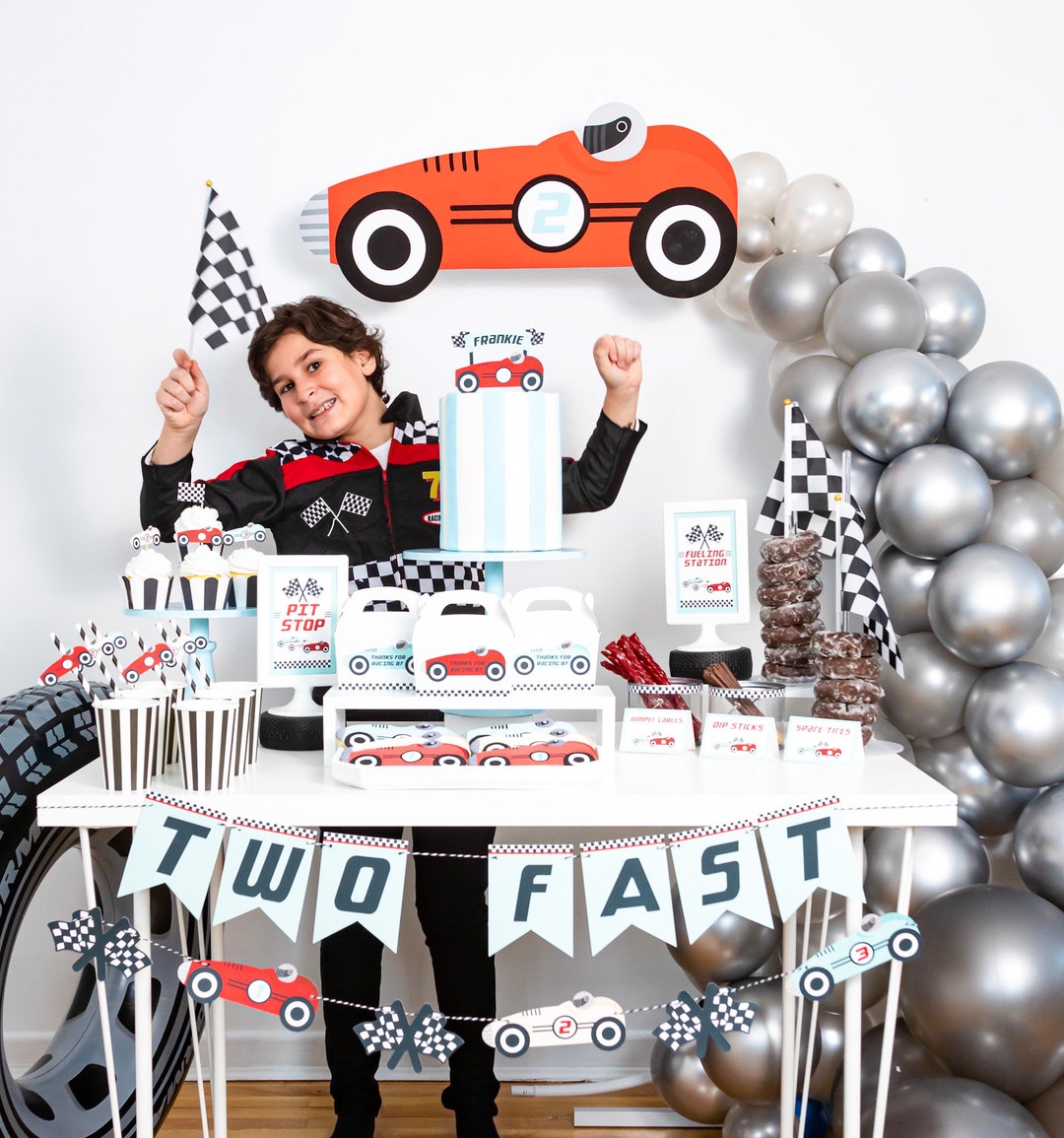 Race Car Food Labels - full party table with Two Fast banner