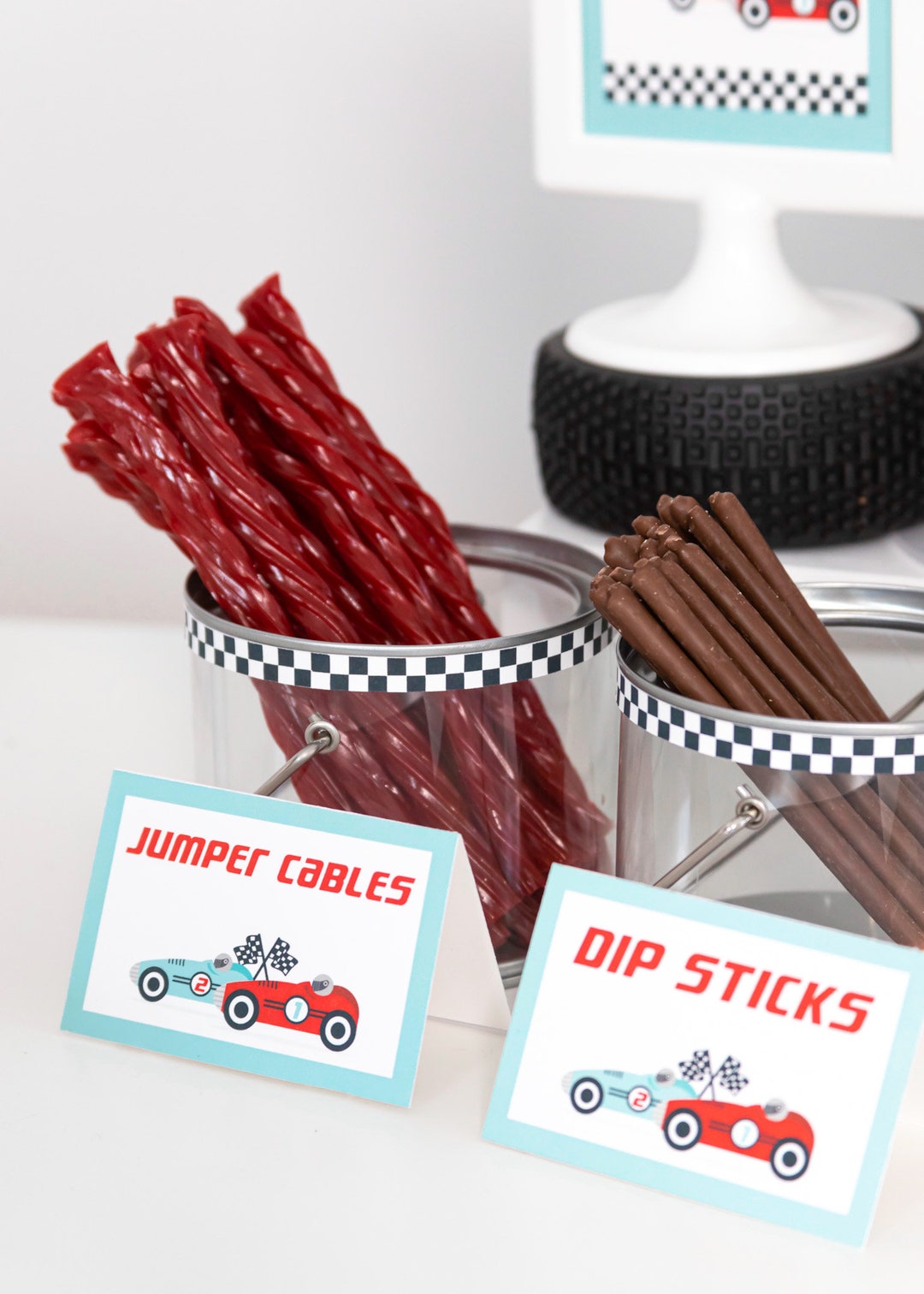 Race Car Food Labels - jumper cables and dip sticks jars