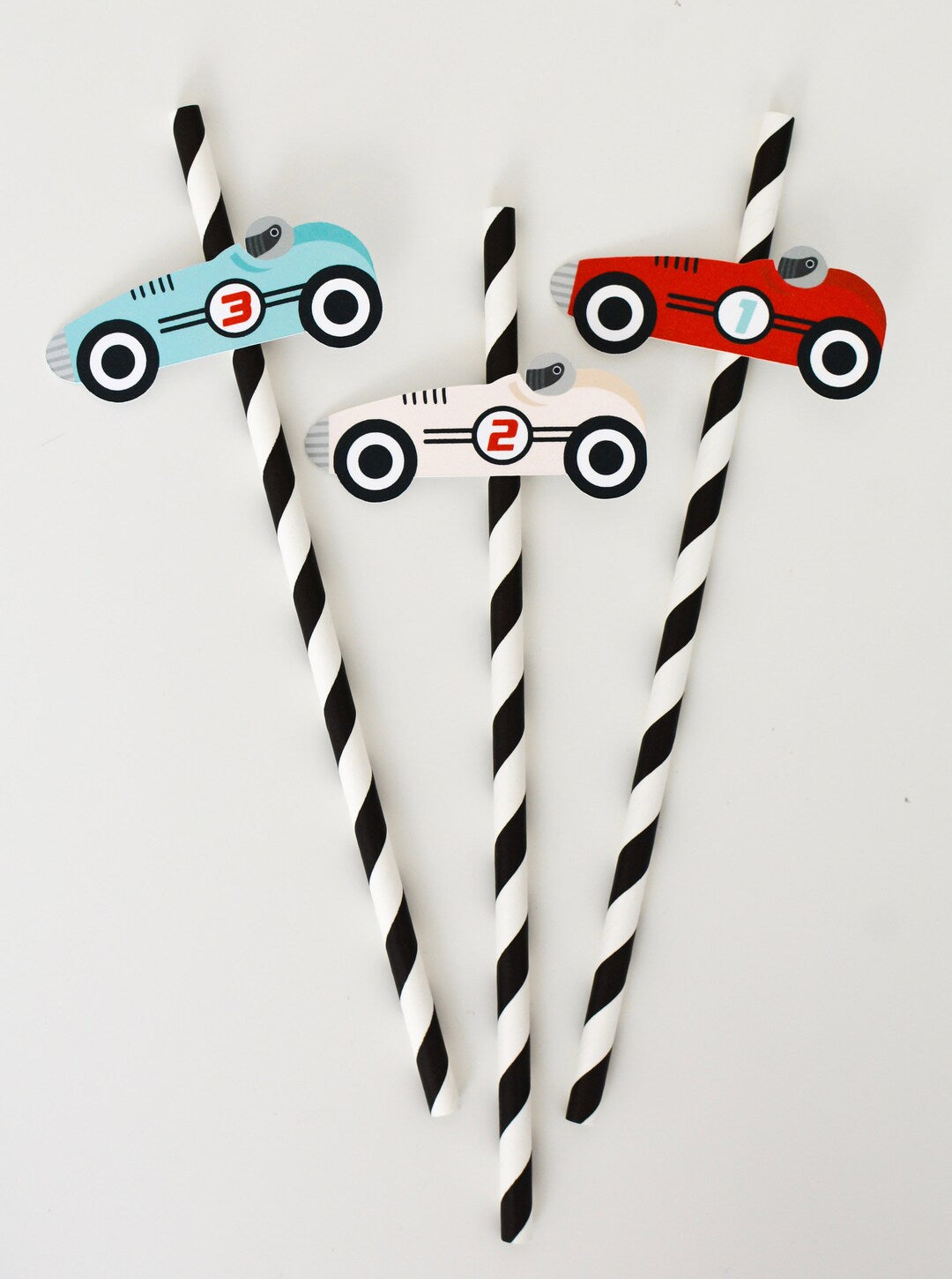 Vintage Race Car Paper Straws - three cars numbered 1 2 3