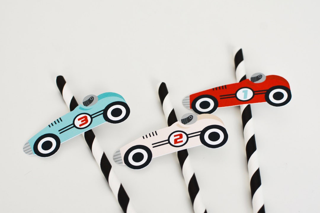 Vintage Race Car Paper Straws - close up trio