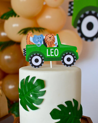 Personalized Safari Cake Topper - on cake with green leaves