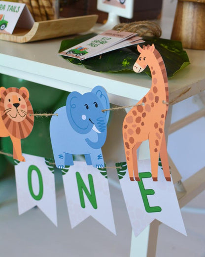 Wild One Banner - close up ONE text with animal cutouts