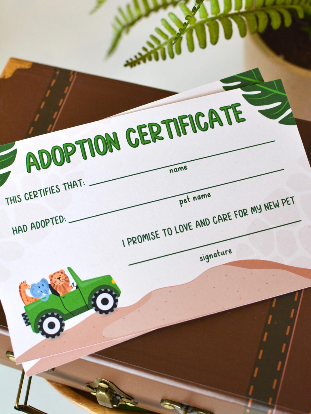 Printable Safari Animal Adoption Certificate