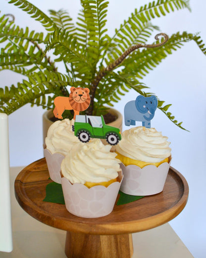 Safari Cupcake Toppers - on wooden cake stand