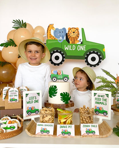Printable Safari Backdrop - party table with cake and food
