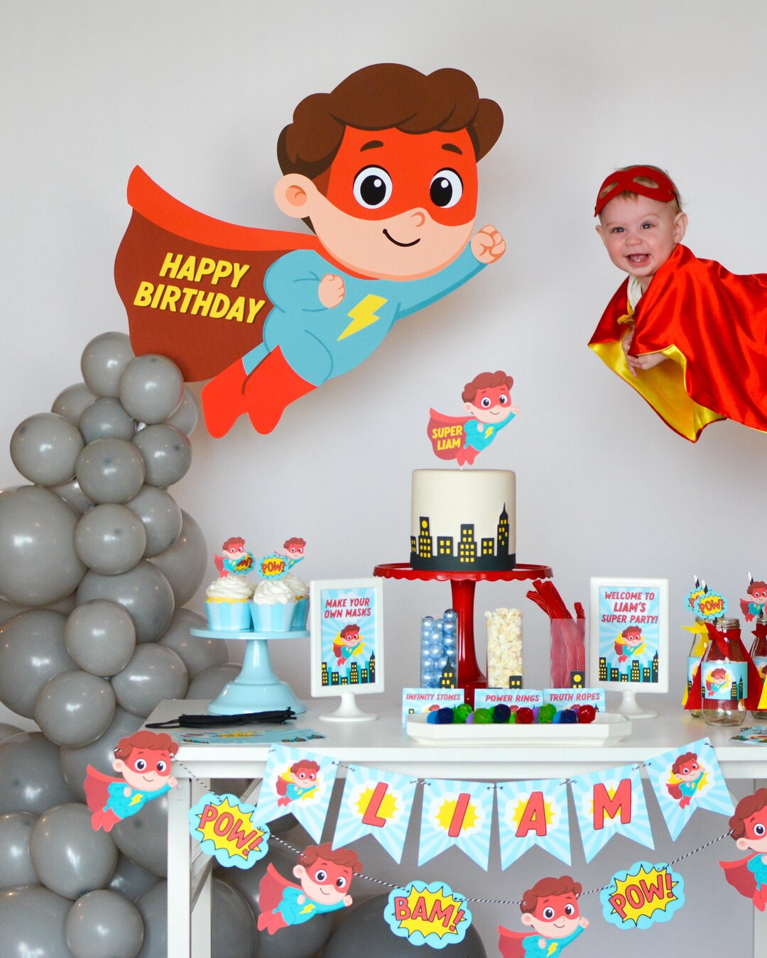 Superhero Food Labels - party scene with Liam banner