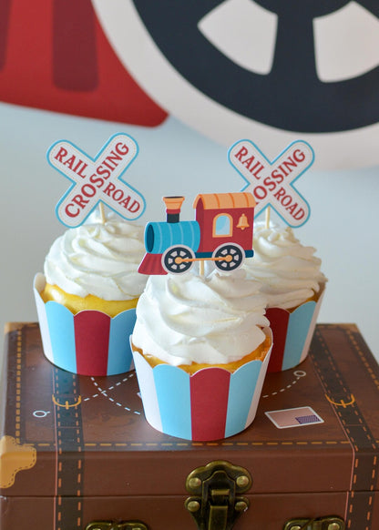 Train Cupcake Toppers - three cupcakes with rail crossing signs