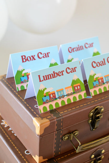Personalized Train Tent Cards - place cards with mountains design