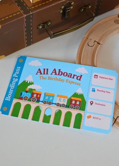 Train Birthday Invitation - printed pair on table