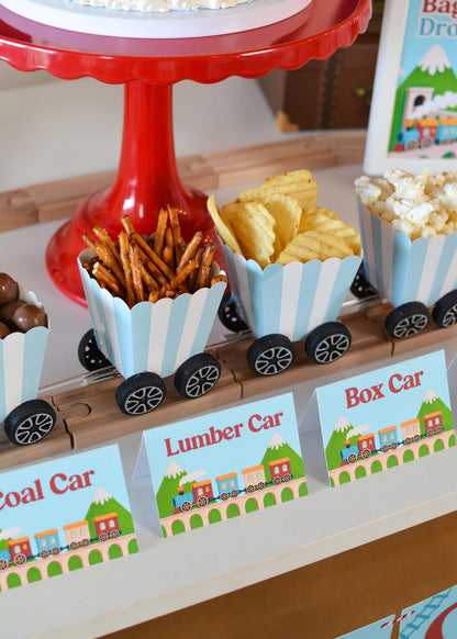 Personalized Train Tent Cards - snack containers on wooden tracks