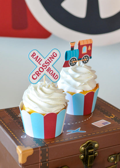 Train Cupcake Toppers - train and rail crossing pair