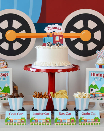 Personalized Train Tent Cards - cake with snack containers