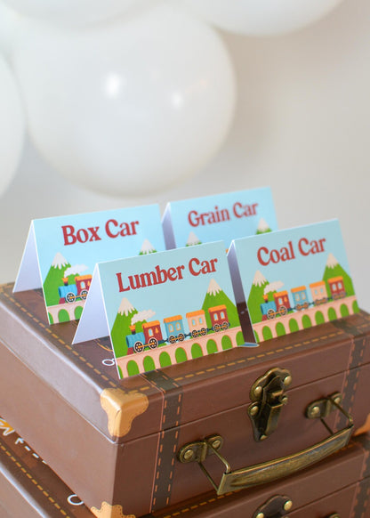 Personalized Train Tent Cards - place cards on suitcase