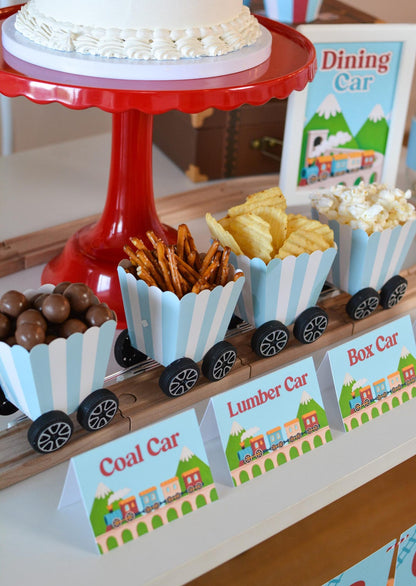 Personalized Train Tent Cards - three containers close up