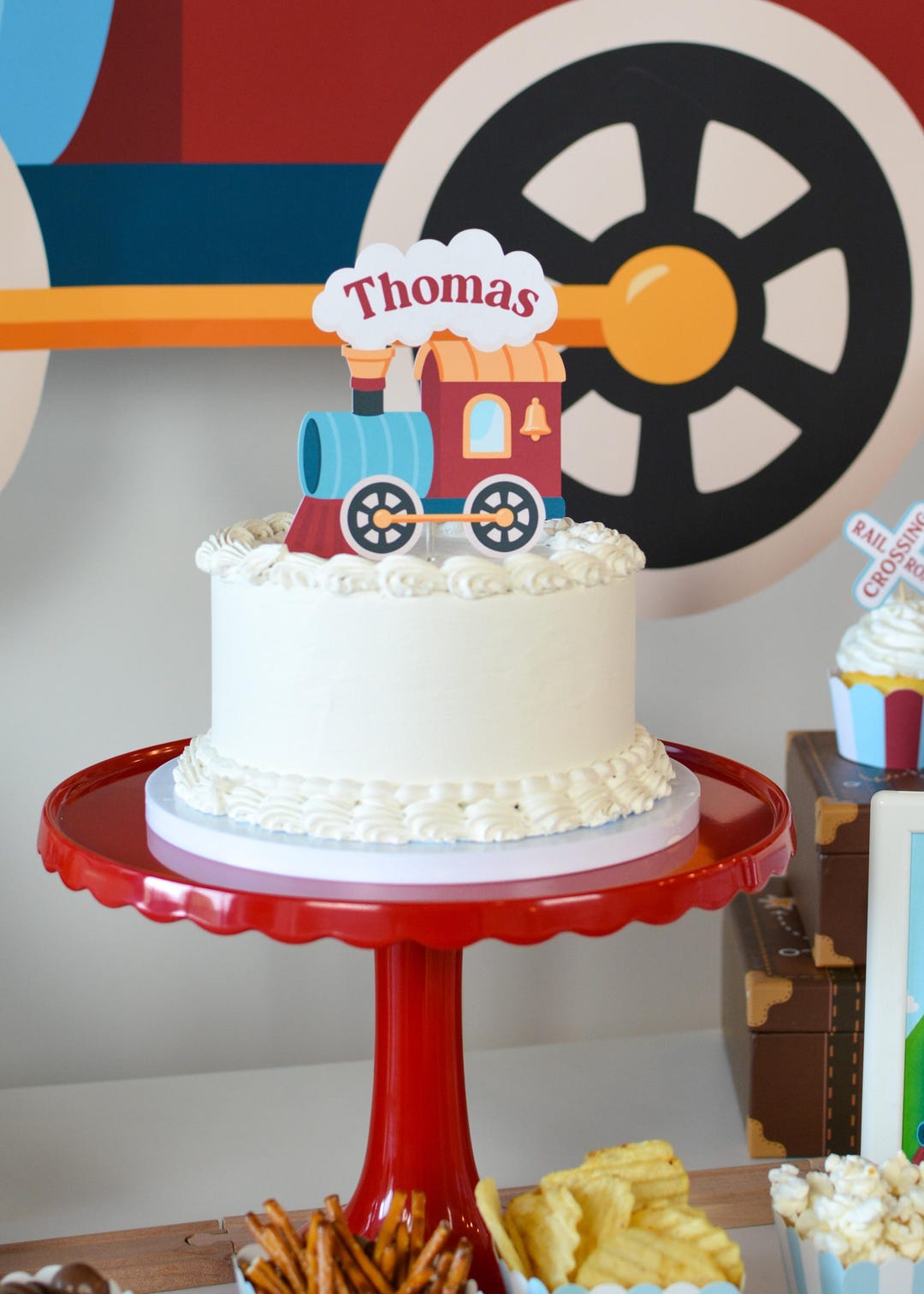 Personalized Train Cake Topper - scalloped cake stand