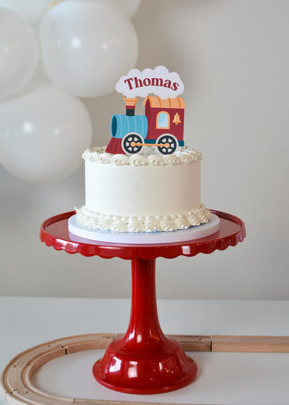 Personalized Train Cake Topper - red pedestal stand