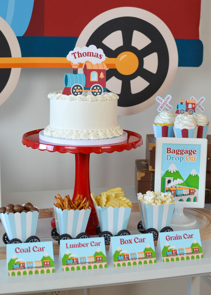 Personalized Train Cake Topper - with snack containers and Baggage Drop Off sign