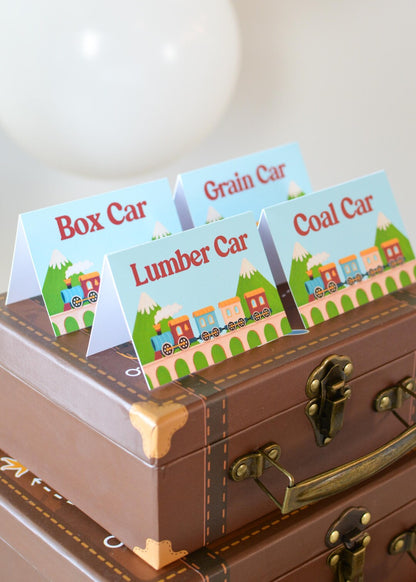 Personalized Train Tent Cards - three folded cards close up
