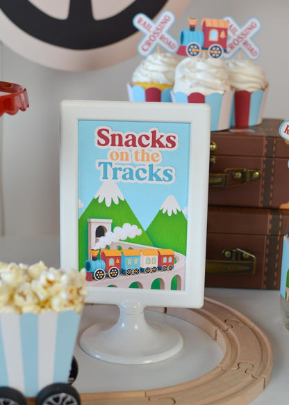 Snacks on the Tracks Sign - tabletop stand alternate angle