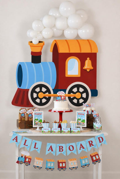 Train Banner - full party display with backdrop and cake