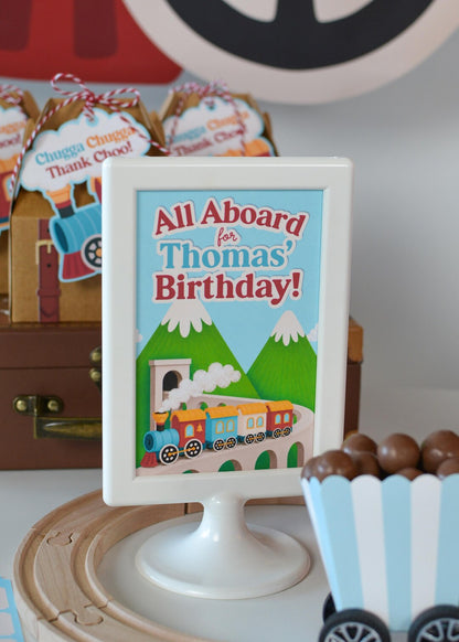 Personalized All Aboard Birthday Sign - tabletop stand view