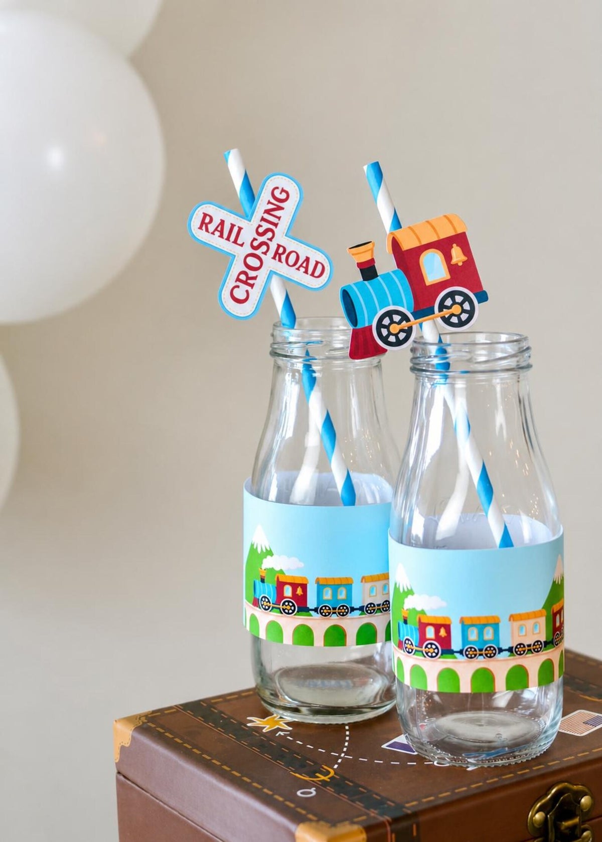 Personalized Train Party Bundle - train and railroad crossing straws