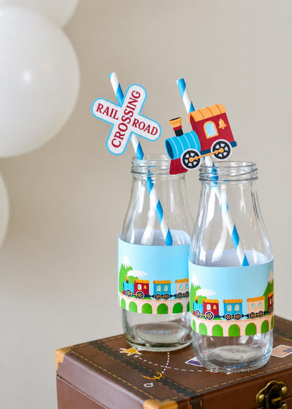 Personalized Train Party Bundle - train and railroad crossing straws