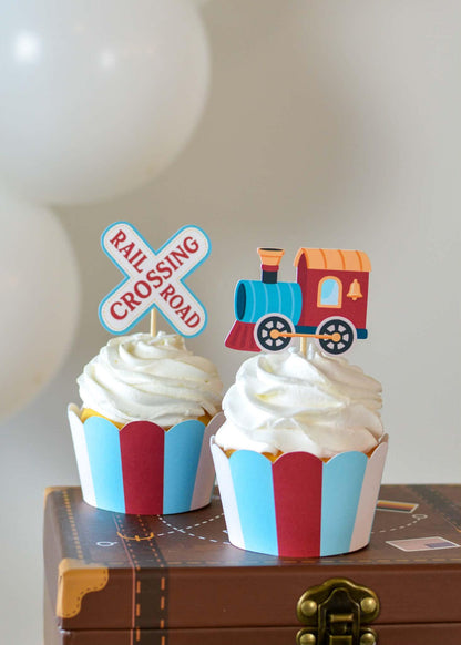 Personalized Train Party Bundle - train and railroad crossing cupcake toppers