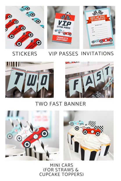 Race Car Birthday SVG Bundle - grid of stickers, invitations, Two Fast banner, and cupcake toppers