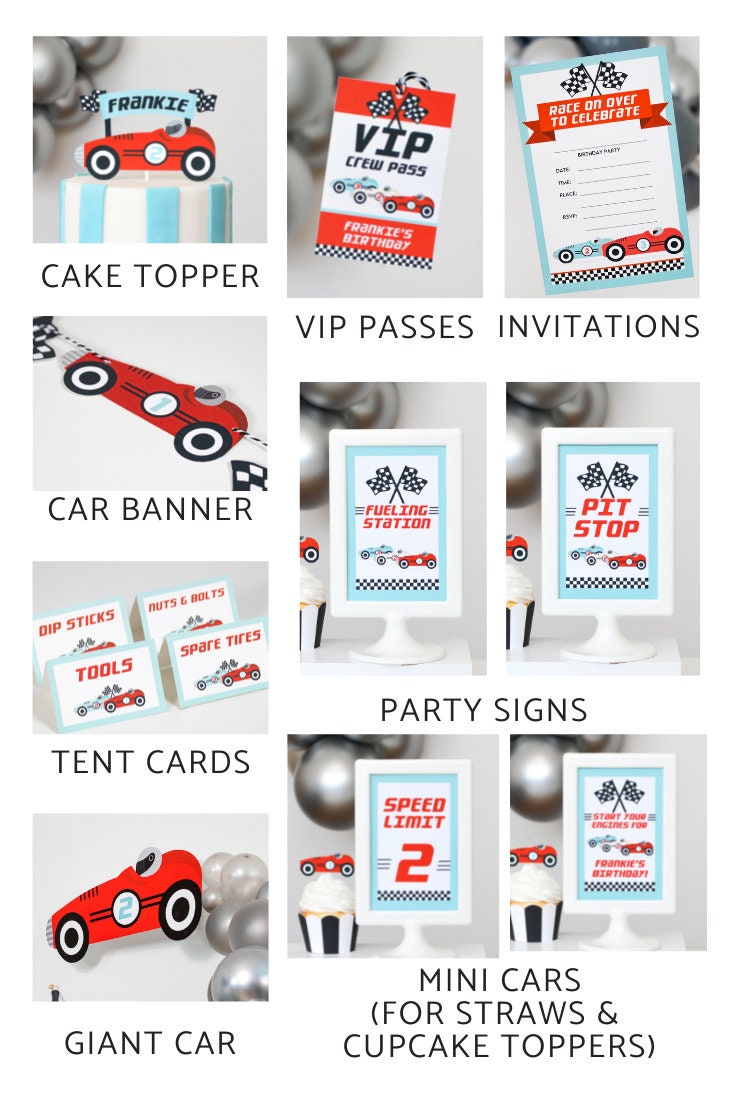 Race Car Birthday SVG Bundle - grid of printables: cake topper, VIP passes, invitations, tent cards, banner
