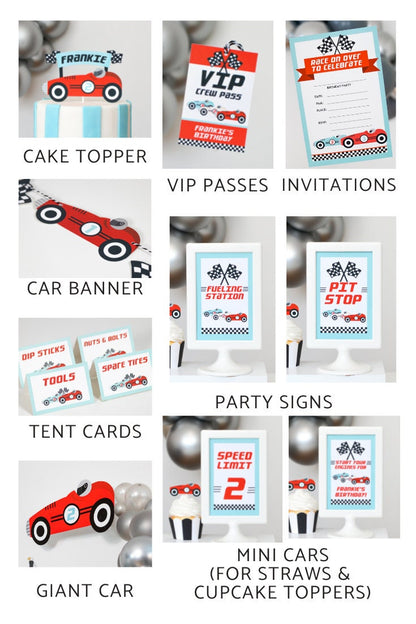 Race Car Birthday SVG Bundle - grid of printables: cake topper, VIP passes, invitations, tent cards, banner