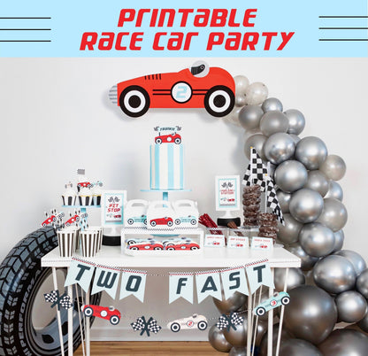Race Car Birthday SVG Bundle - red race car wall art above dessert table with Two Fast banner and tire prop