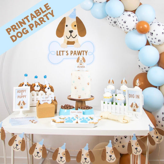 Puppy Birthday Party Bundle - full blue dessert table with 'Let's Pawty' backdrop, paw-print balloon garland, personalized cake, and puppy party signs
